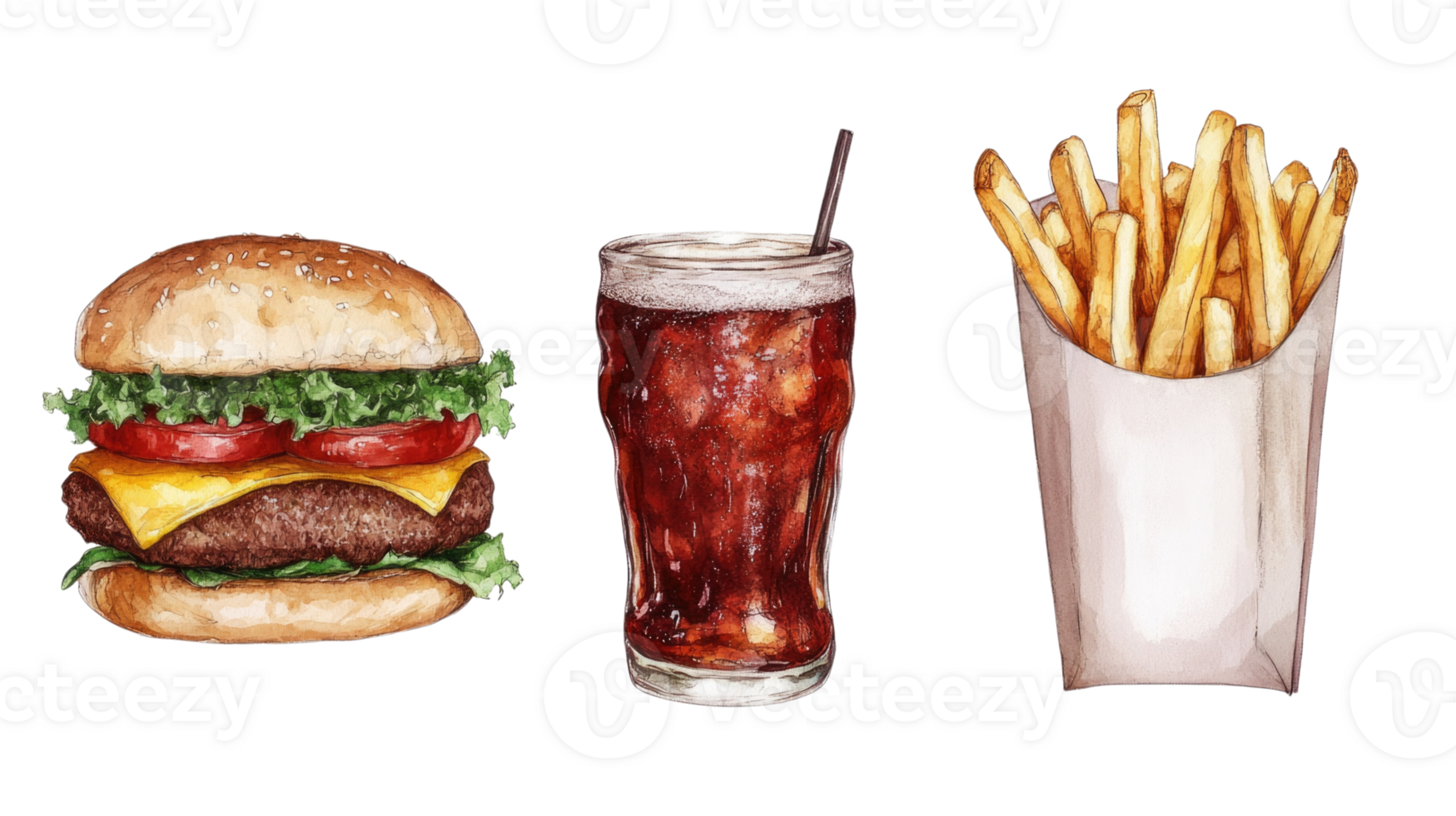 Delicious burger with cheese, soda, and crispy fries isolated on transparent background, png