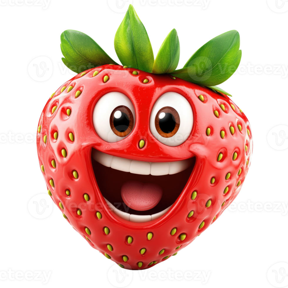 Smiling strawberry character with big eyes and green leaves isolated on transparent background, png