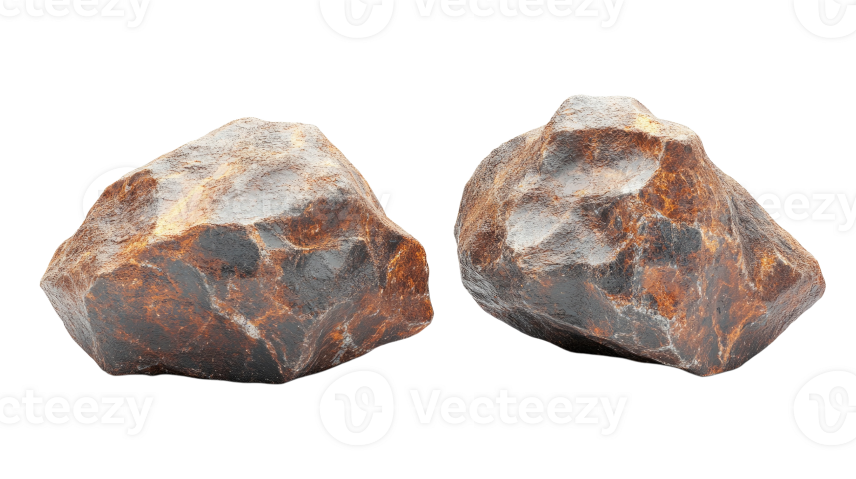 Dark brown natural stones with jagged surfaces isolated on transparent background, png