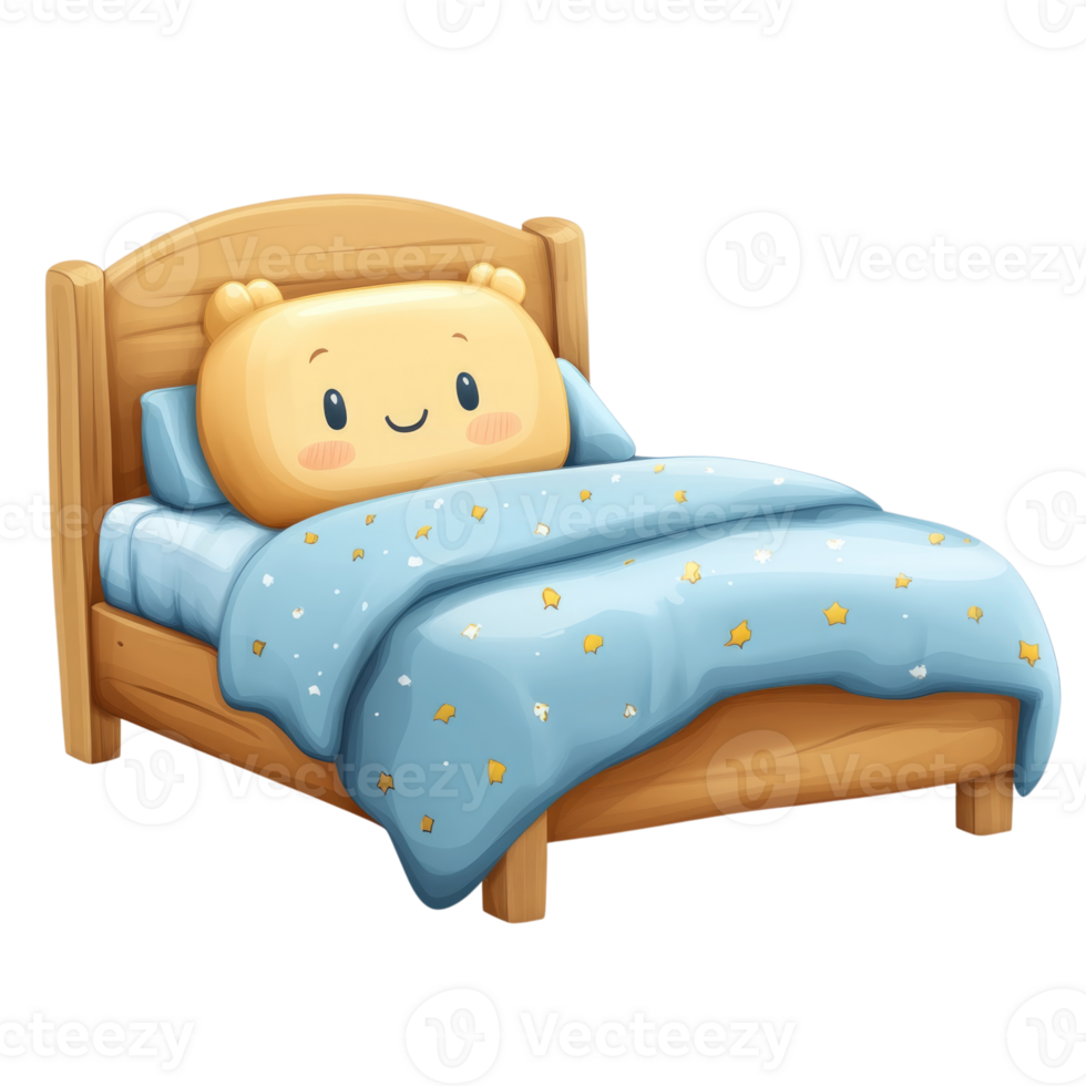 Cute cartoon bed with smiling character and blue bedding isolated on transparent background, png