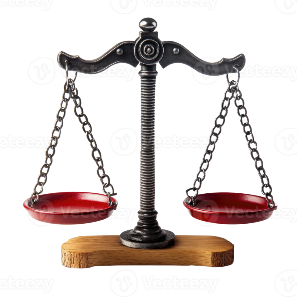 Traditional metal balance scale with red pans isolated on transparent background, png