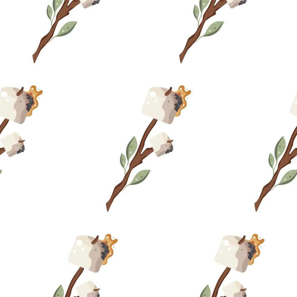 pattern with an icon of a marshmallow roasted on an open fire on a wooden stick with green leaves, for camping designs vector