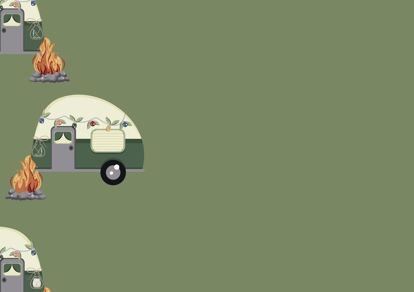 poster with an icon of a green camping trailer and a bright campfire with gray stones around it on a green background vector