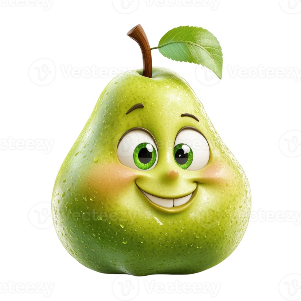 Happy green pear character with a smile and leaf isolated on transparent background, png
