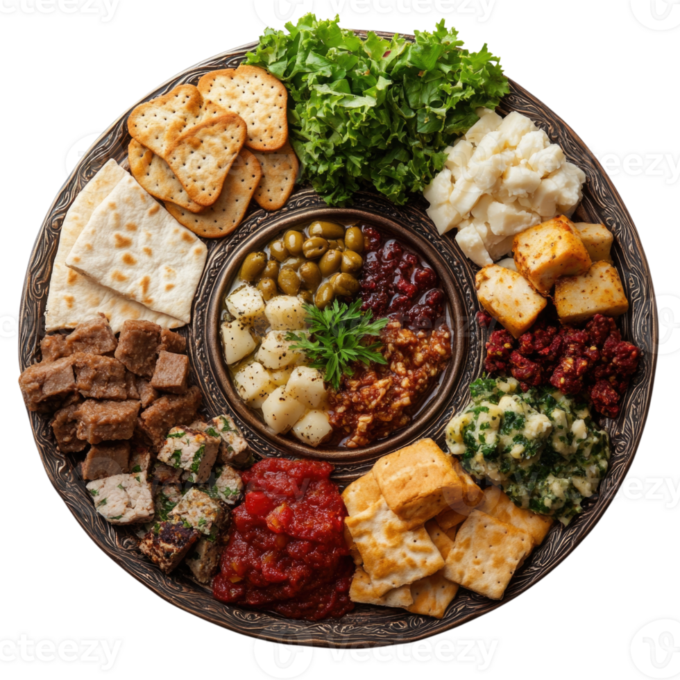 Assorted appetizer platter featuring crackers, cheeses, olives, and meats on a decorative tray isolated on transparent background, png