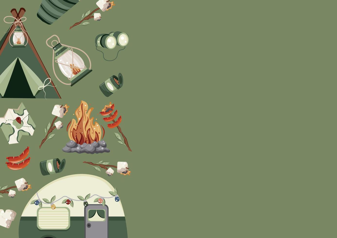 poster of various icons of transport and equipment and food and accessories on the theme of camping or recreation on a green background vector