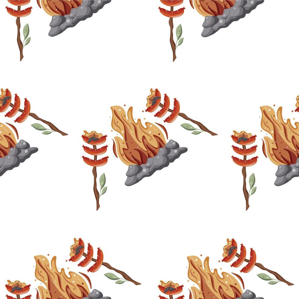 pattern with an icon of fried sausages on an open fire on a wooden stick with green leaves and a bright hearth with gray stones around it vector
