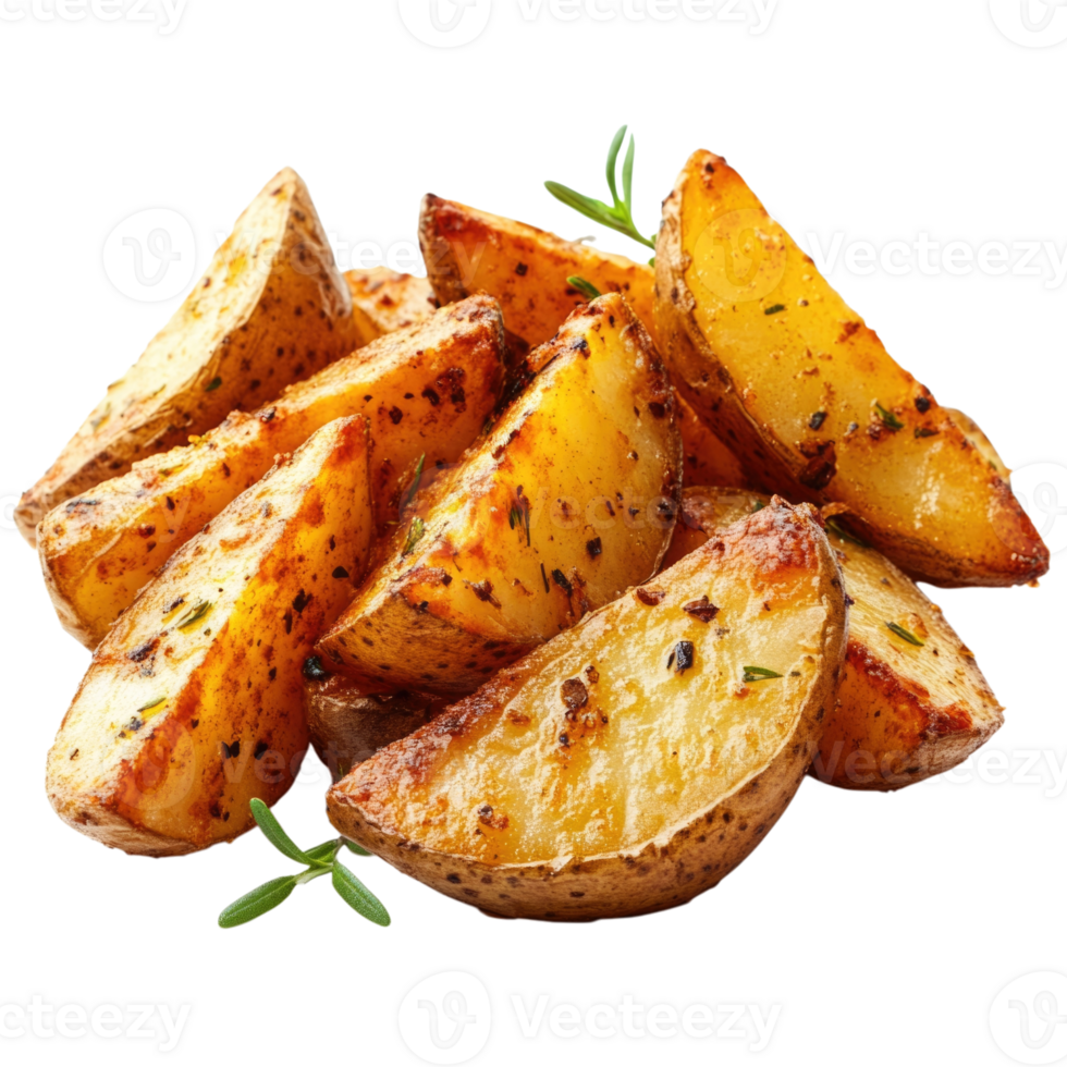 Crispy seasoned potato wedges isolated on transparent background, png