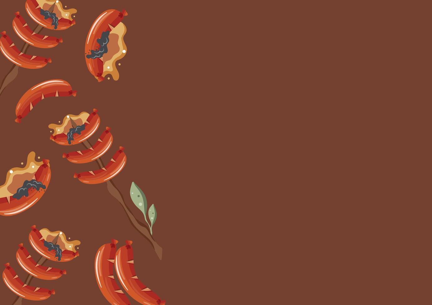 poster with an icon of sausages fried on an open fire on a wooden stick with green leaves on a red background vector