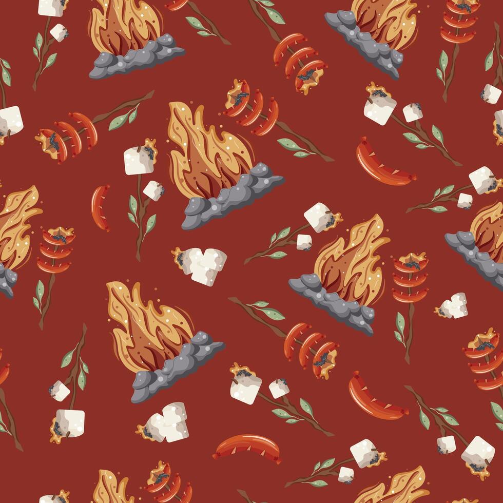 seamless pattern with an icon of roasted marshmallows and sausages on an open fire on a wooden stick with green leaves and a bright hearth with gray stones around it on a red background vector