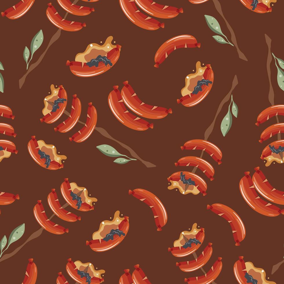 seamless pattern with an icon of fried sausages on an open fire on a wooden stick with green leaves on a red background vector