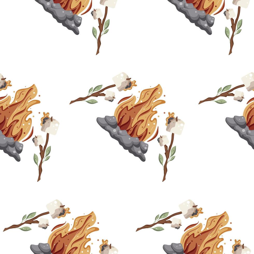 pattern with an icon of a roasted marshmallow on an open fire on a wooden stick with green leaves and a bright hearth with gray stones around it vector