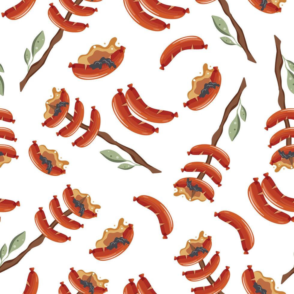 seamless pattern with an icon of fried sausages on an open fire on a wooden stick with green leaves vector
