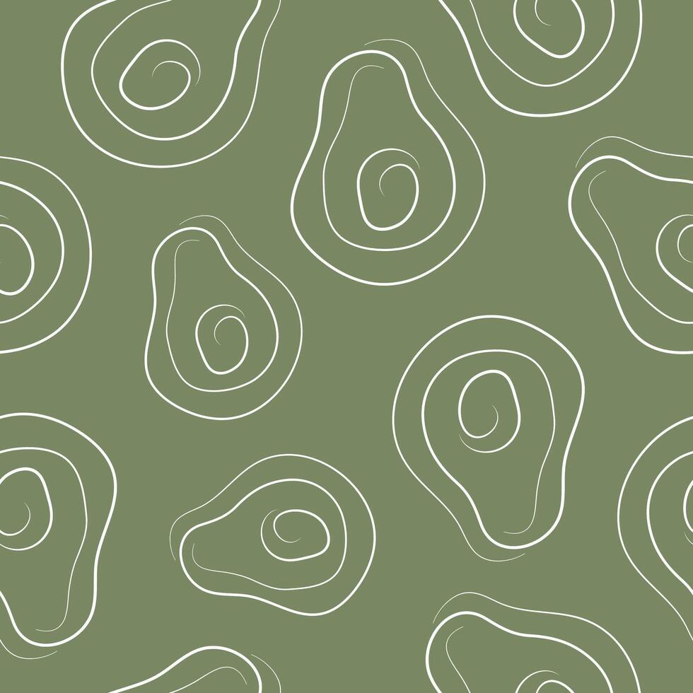 seamless pattern with a simple avocado icon drawn with one black line in line art style on a green background vector