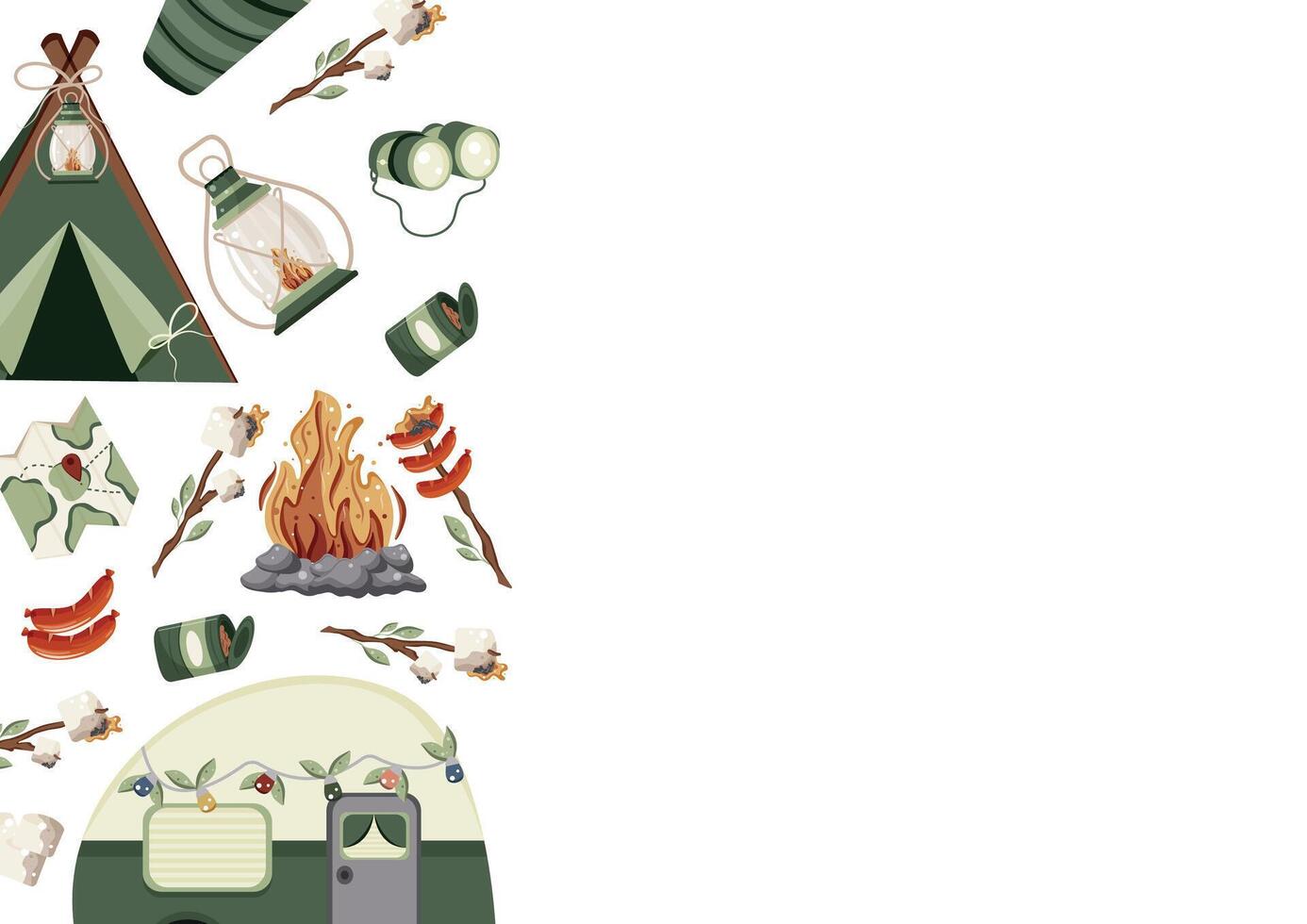 poster of various icons of transportation and equipment and food and accessories on the theme of camping or recreation vector