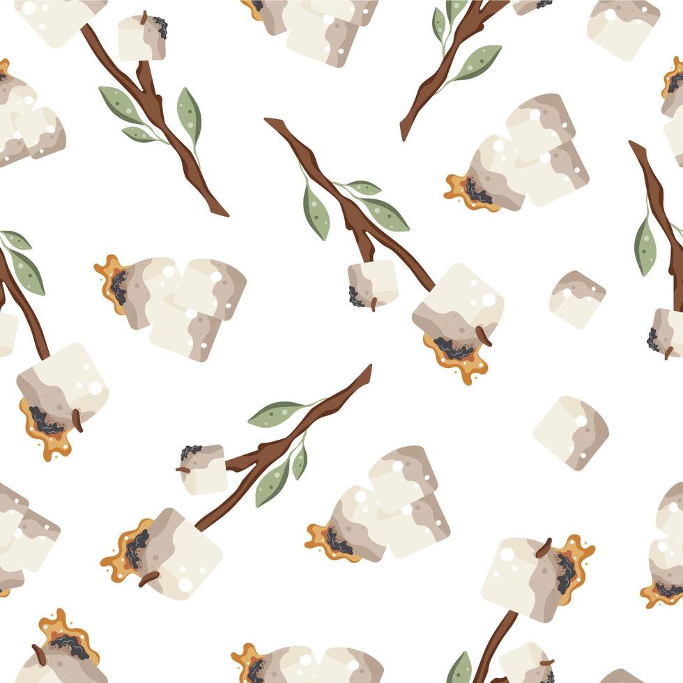 seamless pattern with an icon of roasted marshmallows on an open fire on a wooden stick with green leaves, for camping designs vector