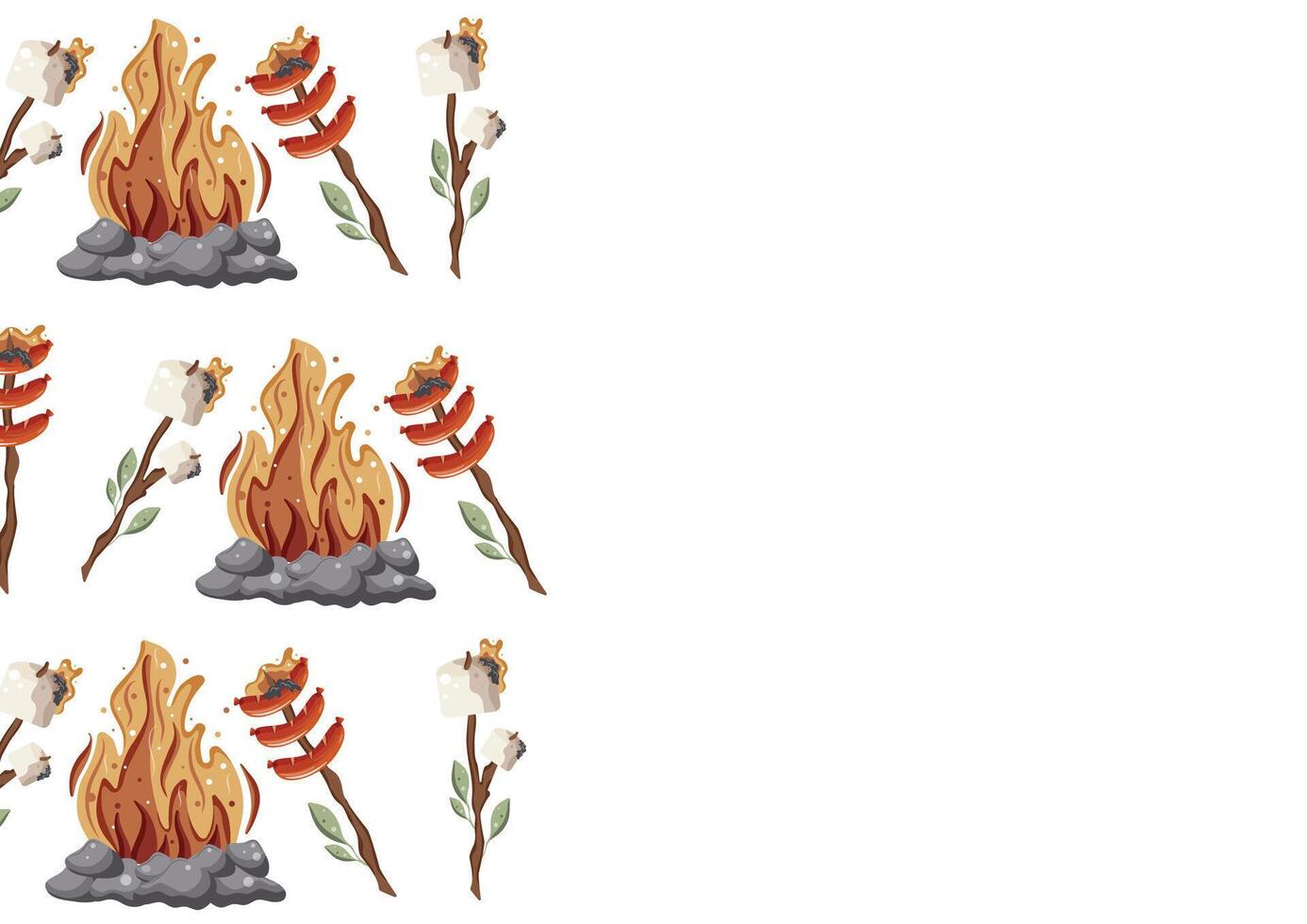 poster with an icon of roasted marshmallows and sausages on an open fire on a wooden stick with green leaves and a bright hearth with gray stones around it vector