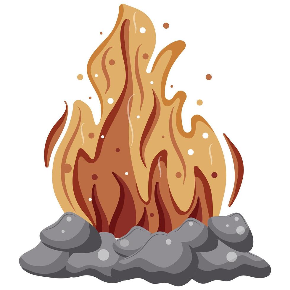 icon of a bright campfire with flames and gray stones laid out around it, for designs on the theme of recreation and hiking vector