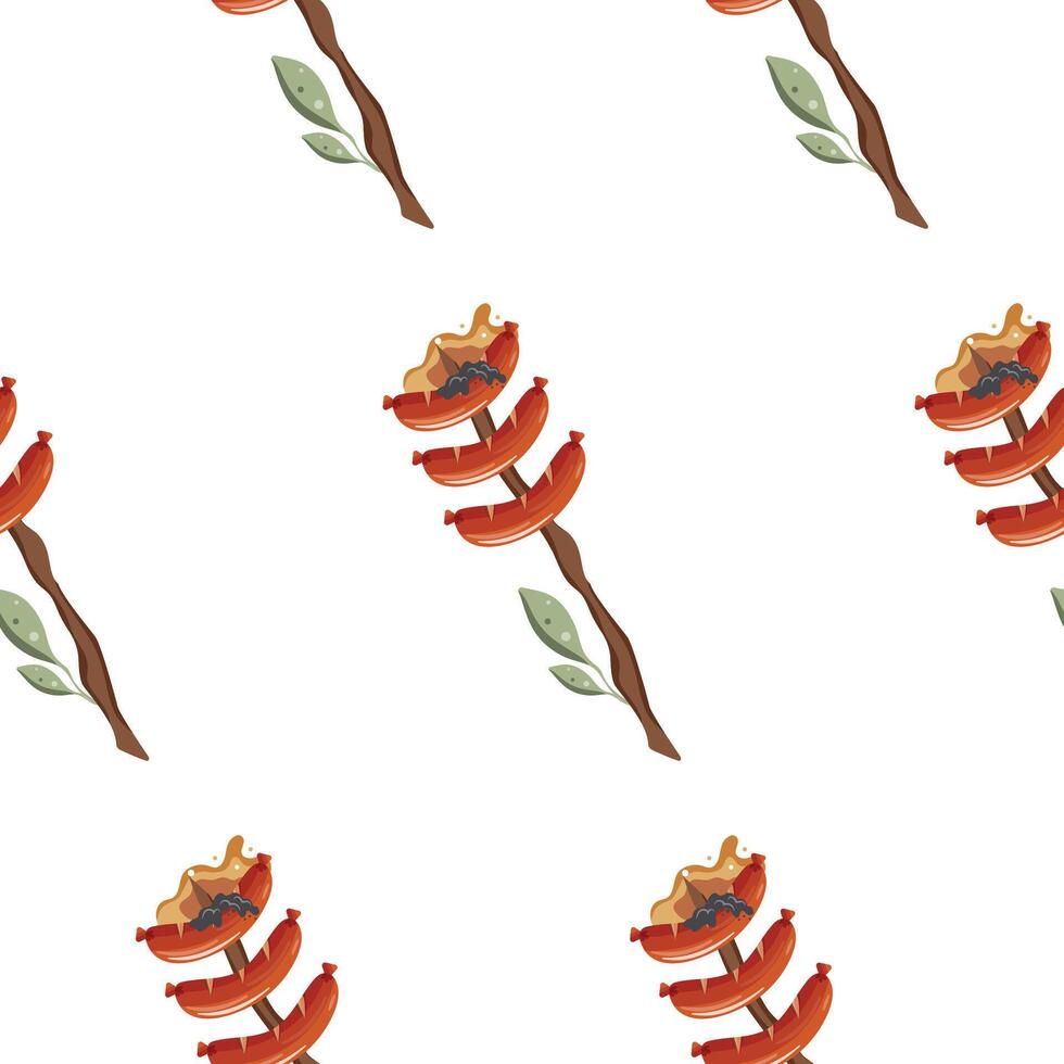 pattern with an icon of sausages fried on an open fire on a wooden stick with green leaves vector