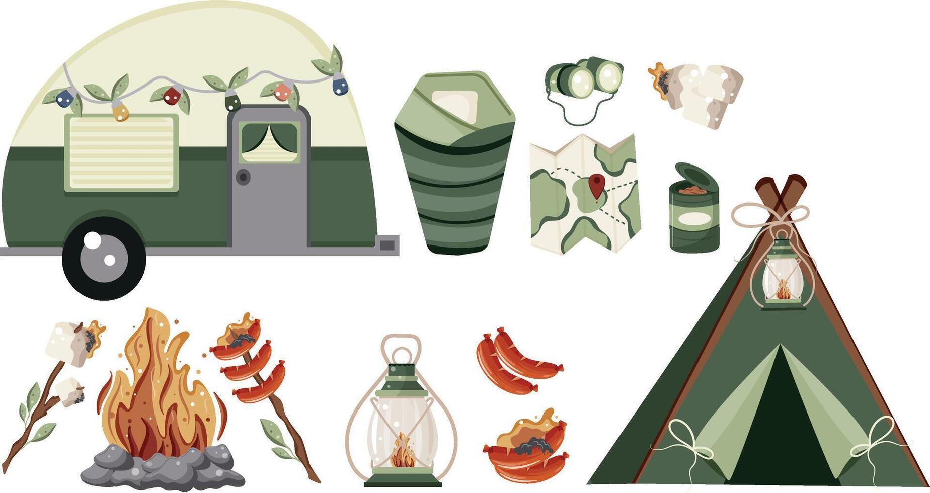 set of various icons of transport and equipment and food and accessories on the theme of camping or recreation in pastel green colors vector