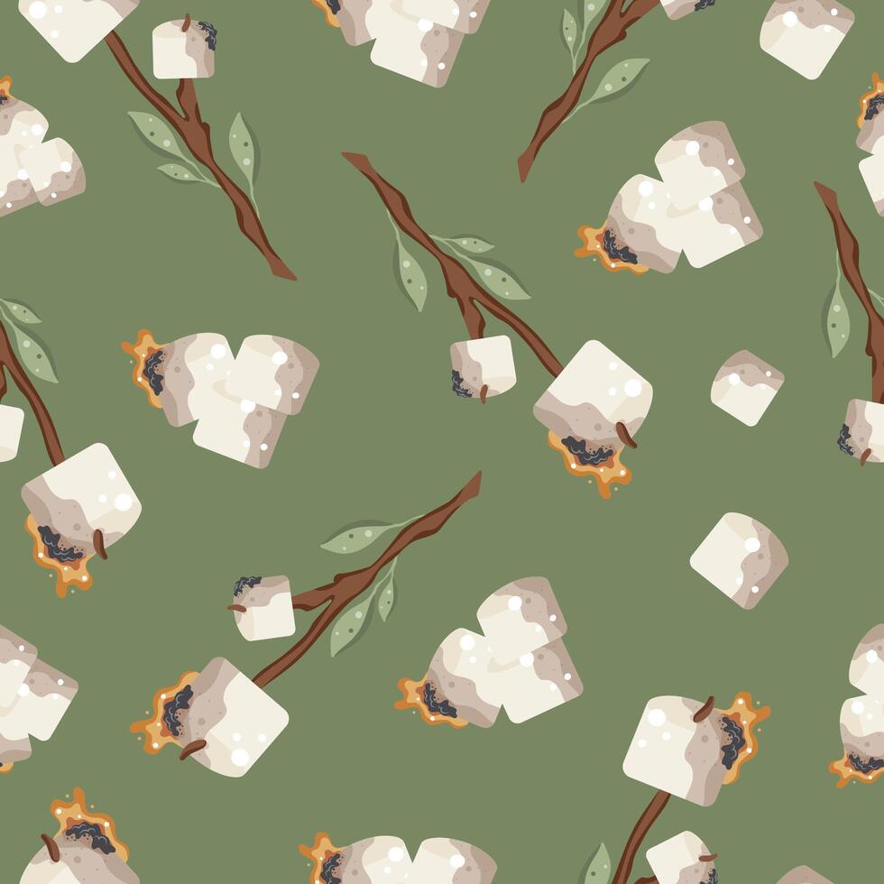 seamless pattern with an icon of roasted marshmallows on an open fire on a wooden stick with green leaves on a green background, for camping designs vector