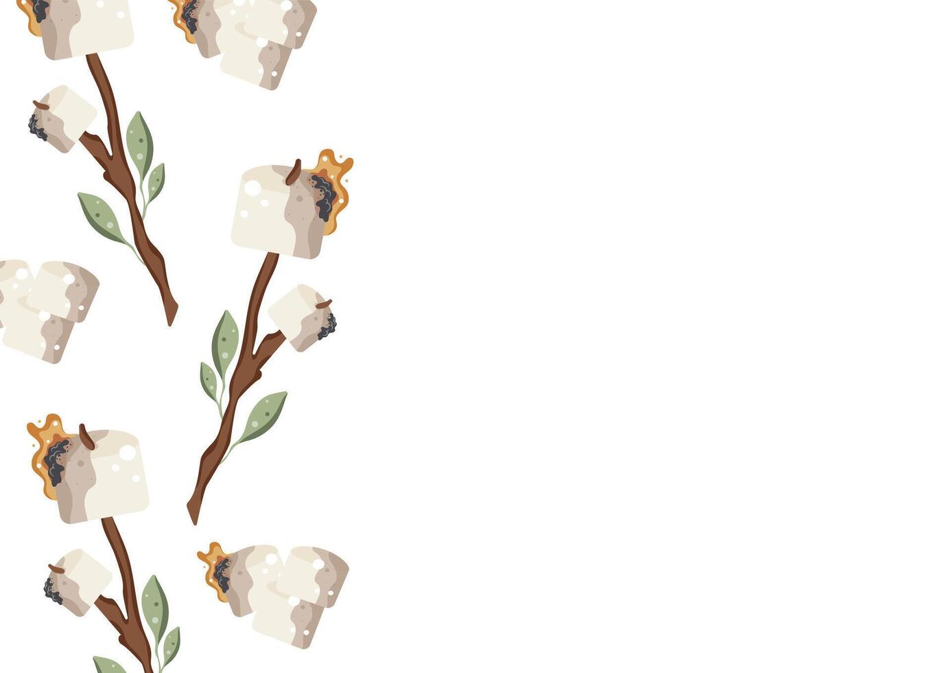 poster with an icon of roasted marshmallows on an open fire on a wooden stick with green leaves, for camping designs vector