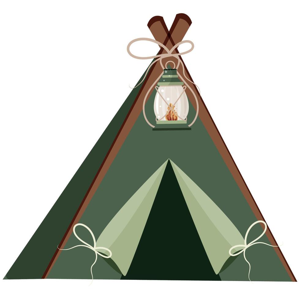 simple icon of a small, green tent for hiking or camping with a lamp at the entrance vector