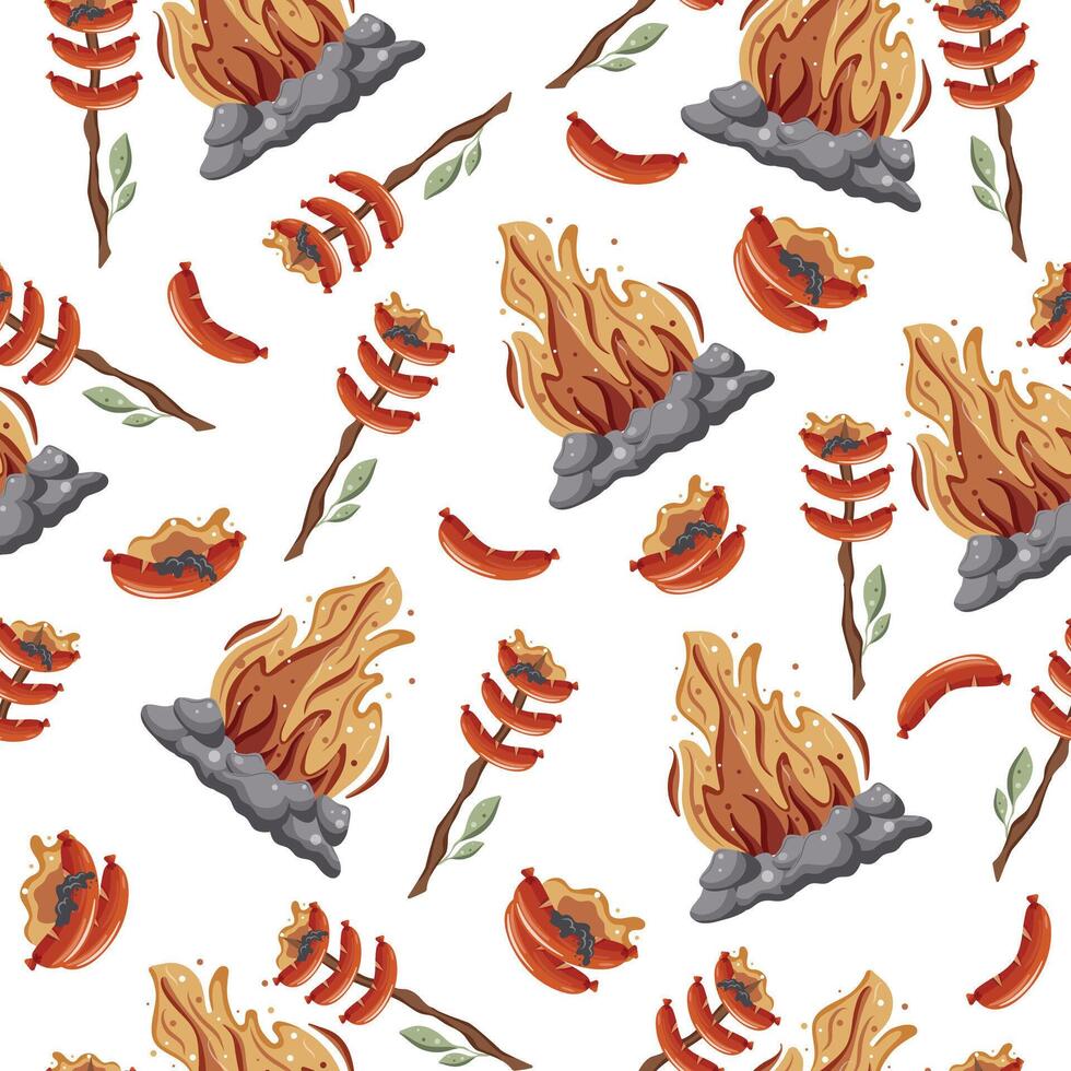 seamless pattern with an icon of fried sausages on an open fire on a wooden stick with green leaves and a bright hearth with gray stones around it vector