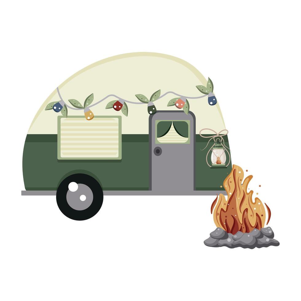 simple icon of a green camping trailer and a bright campfire with gray stones around it vector