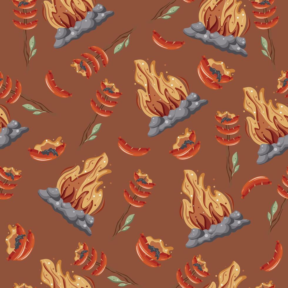 seamless pattern with an icon of fried sausages on an open fire on a wooden stick with green leaves and a bright hearth with gray stones around it on a red background vector