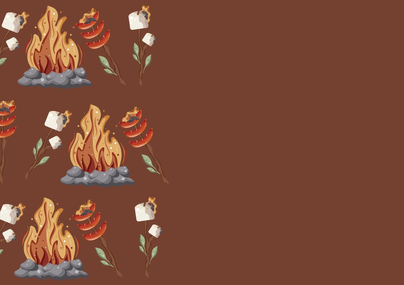poster with an icon of roasted marshmallows and sausages on an open fire on a wooden stick with green leaves and a bright hearth with gray stones around it on a red background vector