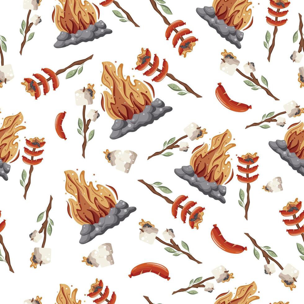 seamless pattern with an icon of roasted marshmallows and sausages on an open fire on a wooden stick with green leaves and a bright hearth with gray stones around it vector