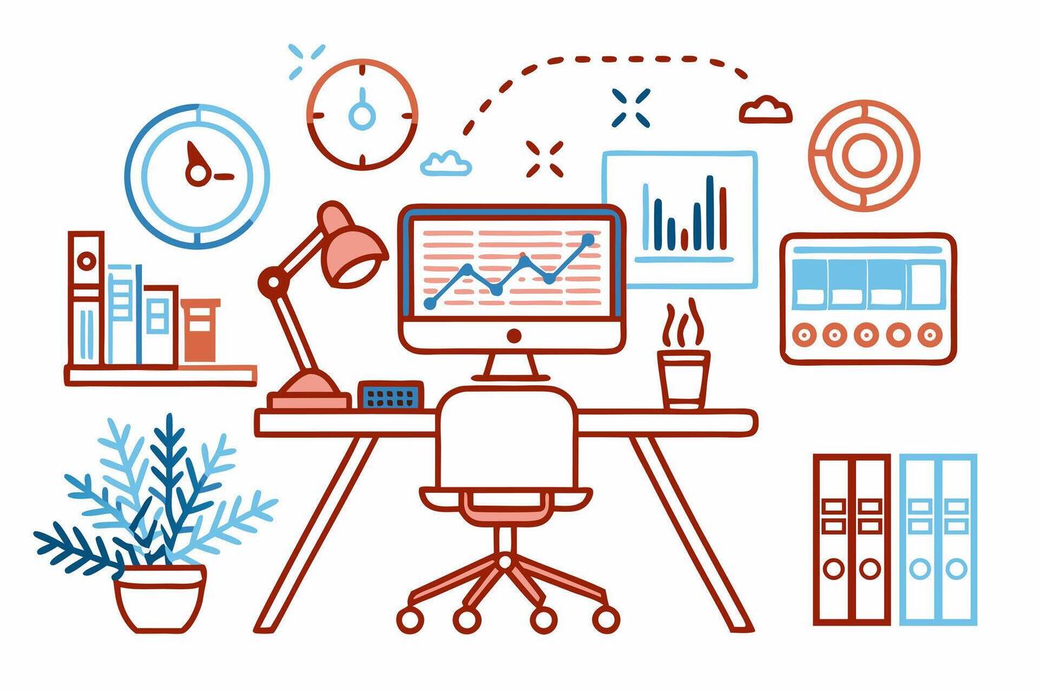 A desk with a computer, clock, and other items vector