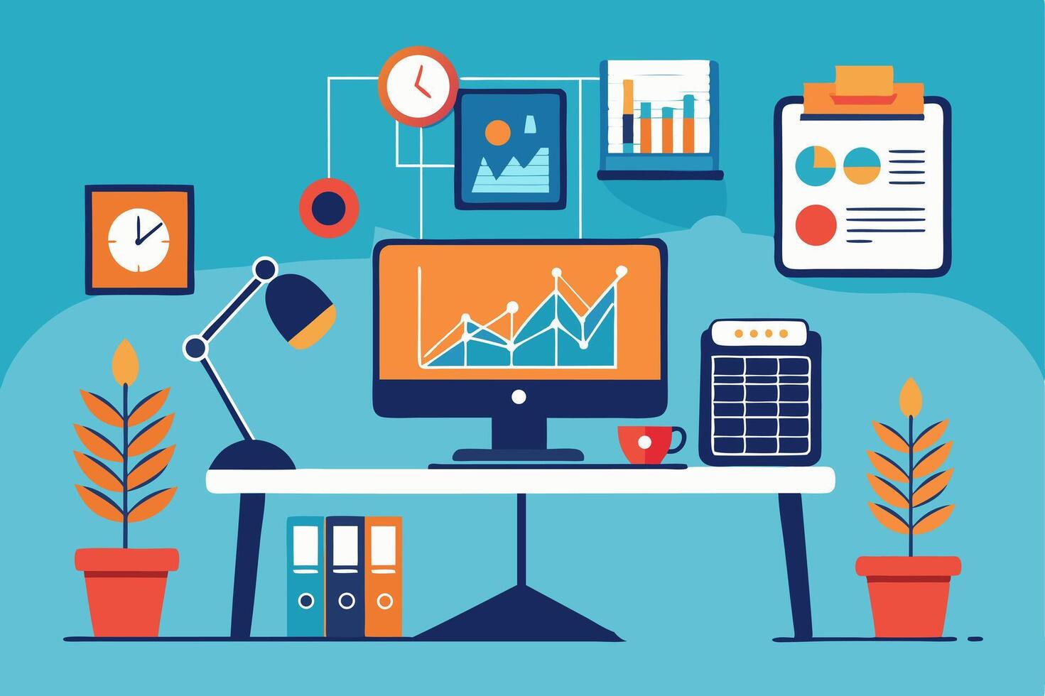 An illustration of a desk with a computer, a clock, and other items vector