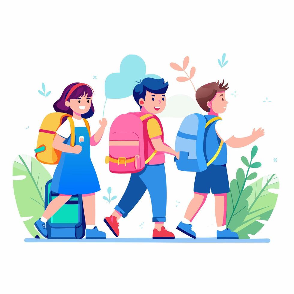 Three children with backpacks walking together vector