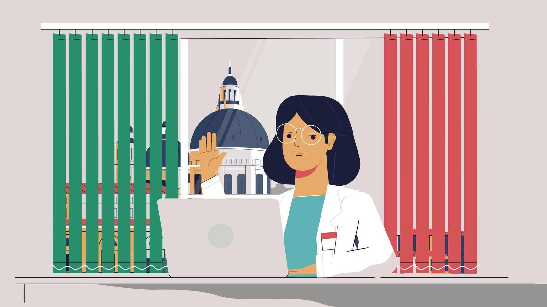 Joyful scientist in lab coat points confidently exuding expertise and positivity vector