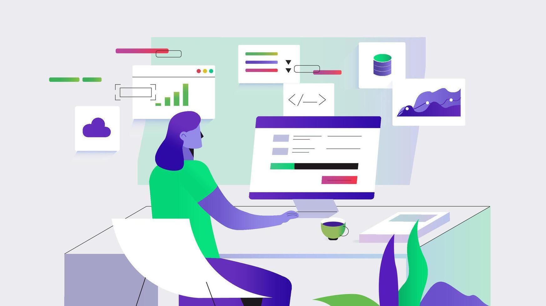 Modern Workspace with Coding, Data Analysis, and Cloud Technology Elements Design vector