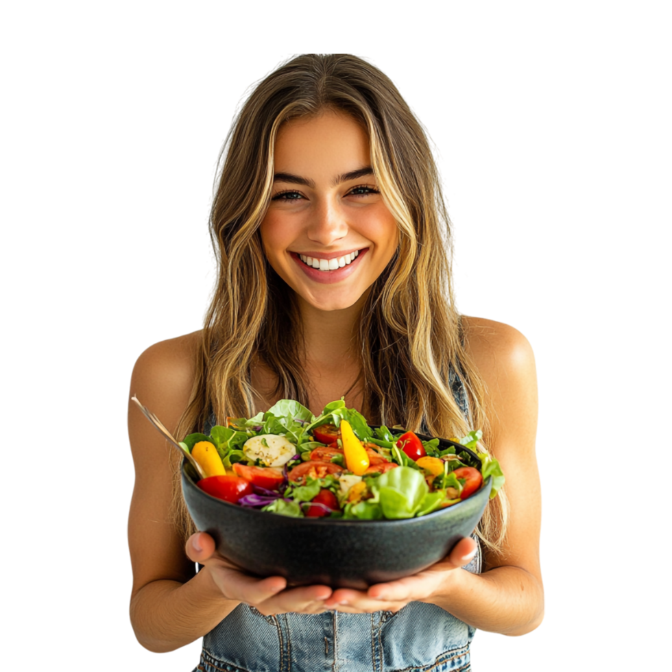 Girl Holding Salad Bowl in Hand on Transparent Background Image png