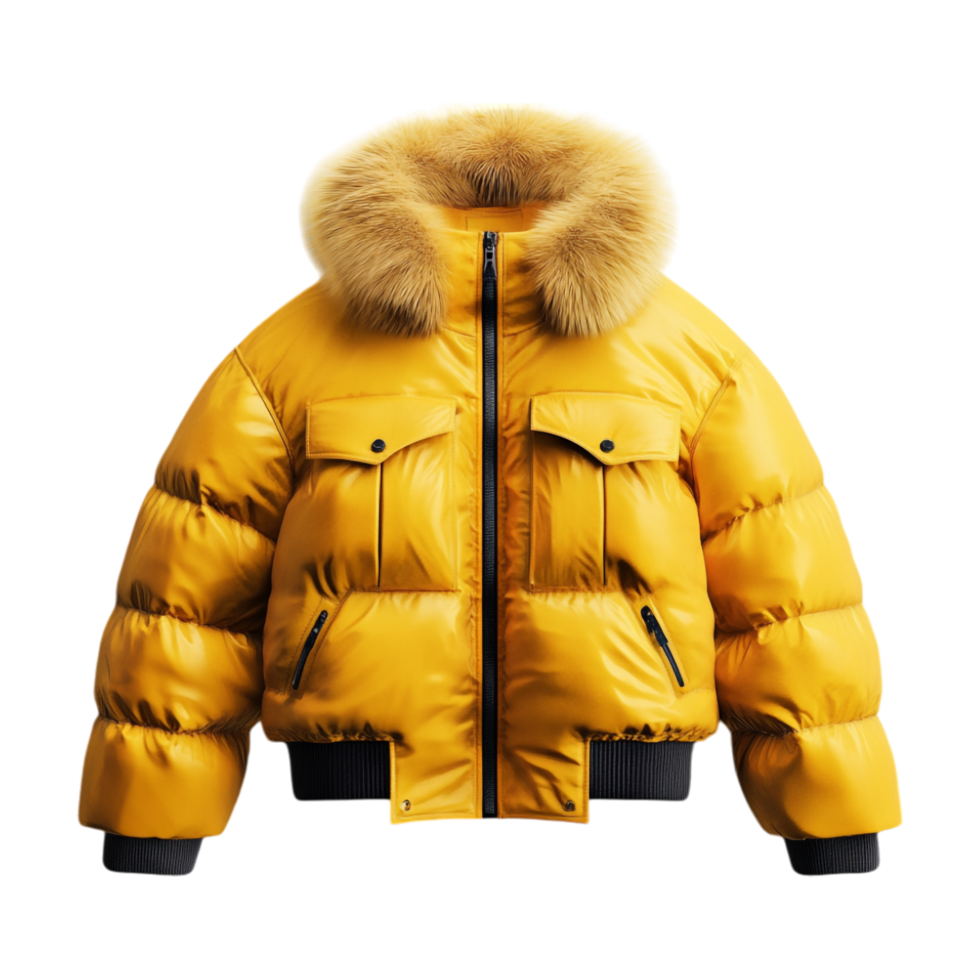 yellow puffer jacket with fur collar png