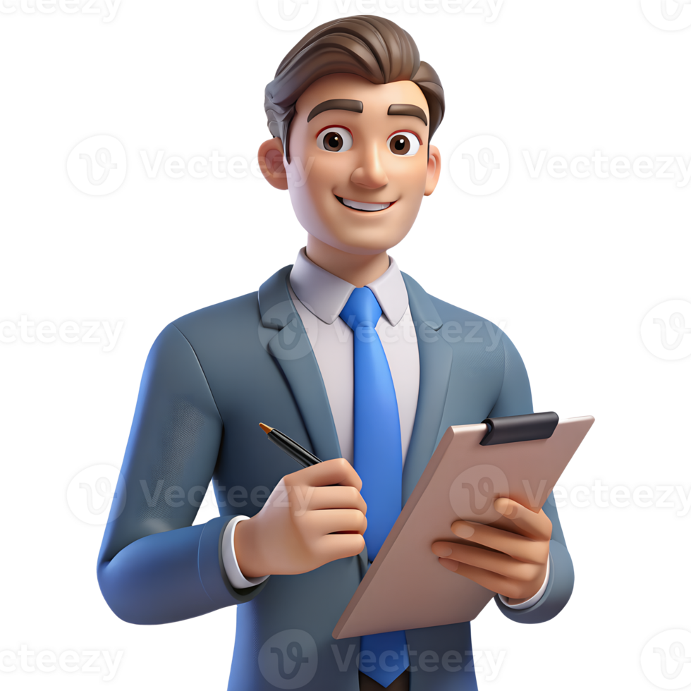 Confident 3D Cartoon Businessman Holding Clipboard and Pen Ready to Work png