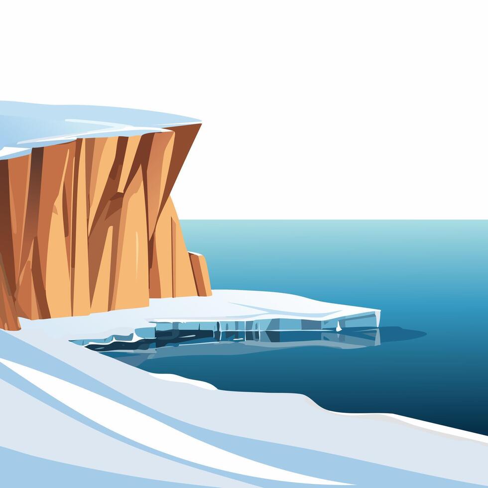 A snowy cliff with partially frozen ocean vector