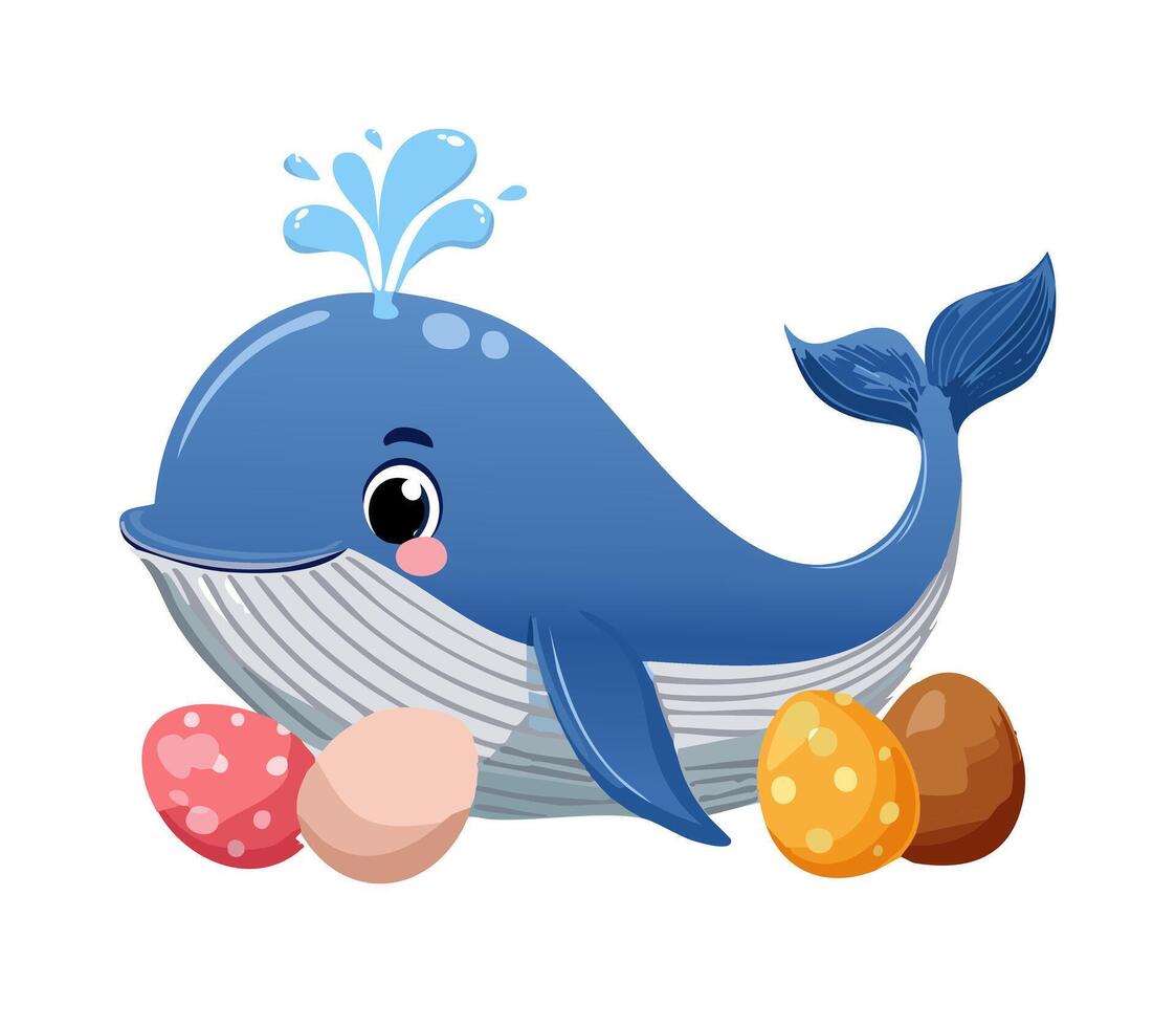 Cute Blue Whale painting eggs vector