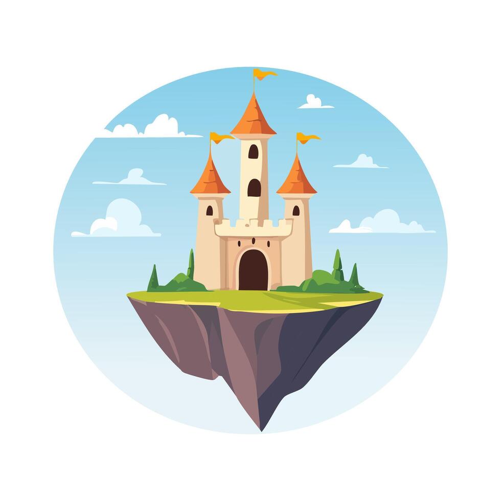A magical floating castle hovers near the cliff vector