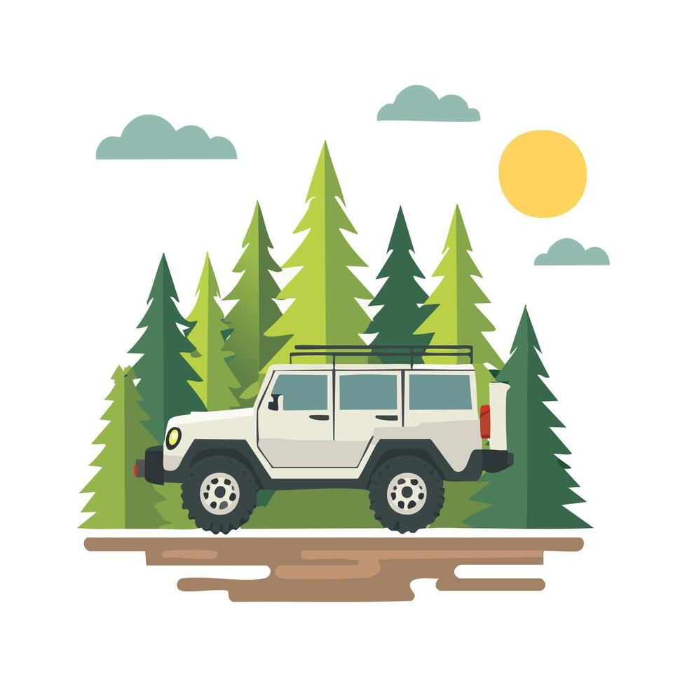 Off-road vehicle crossing the forest vector
