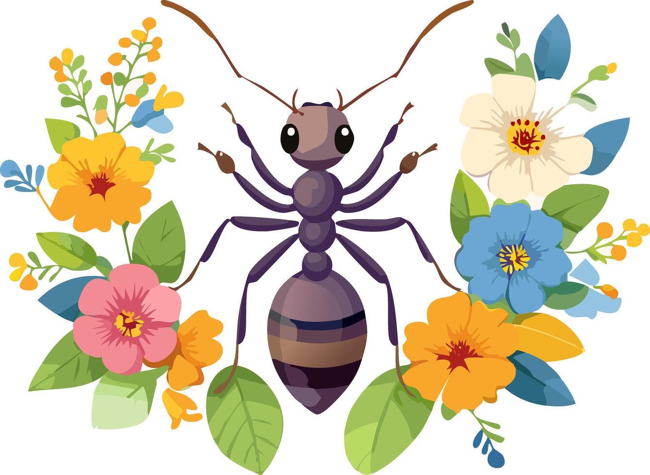 clean minimalist Ant with Flower Arrangement vector