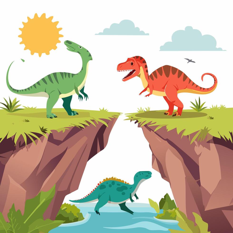 A prehistoric scene with dinosaurs roaming both above and below the grassy cliff vector
