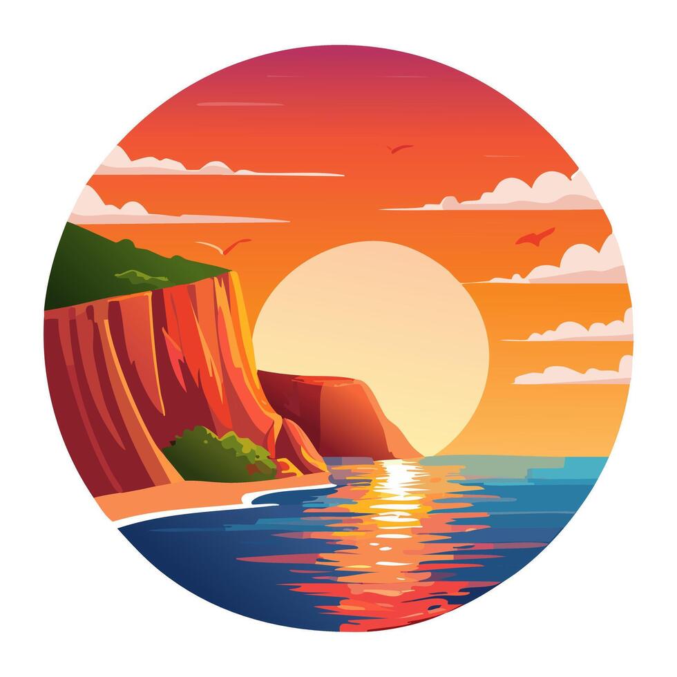 A blazing orange-red sunset paints the cliff vector