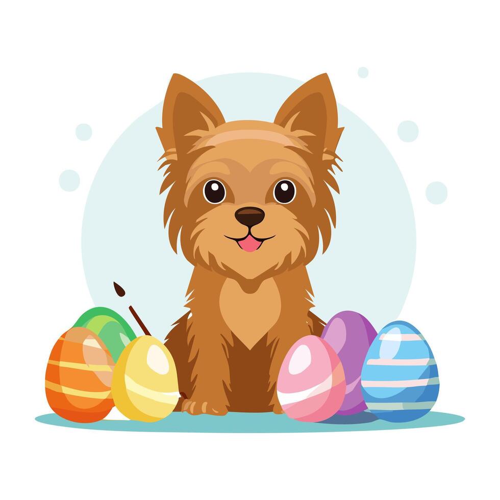 Cute Yorkshire Terrier painting eggs vector