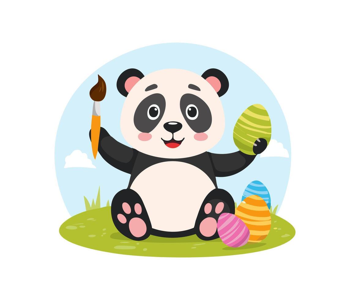 Cute Panda painting eggs vector
