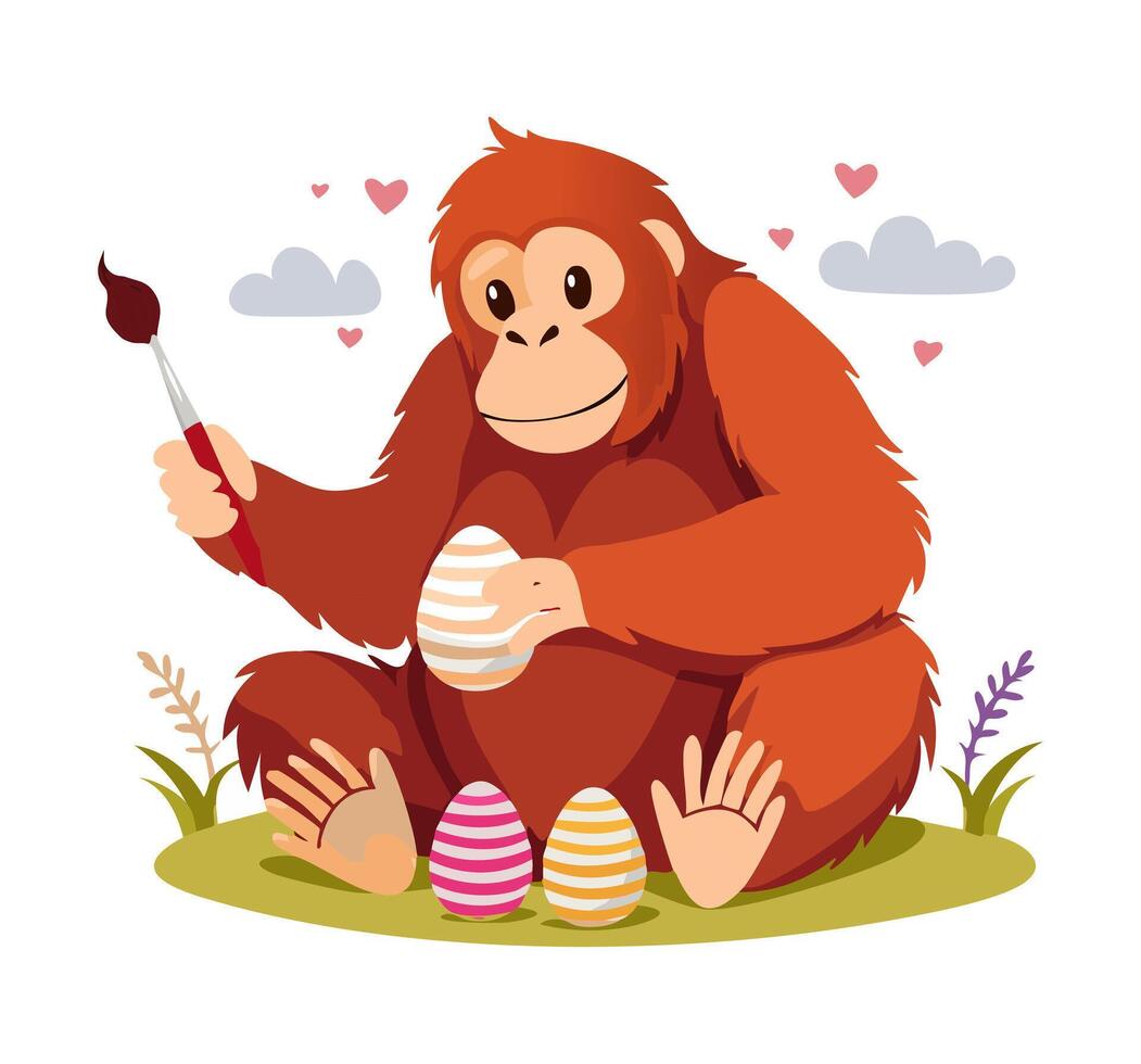 Cute Orangutan painting eggs vector